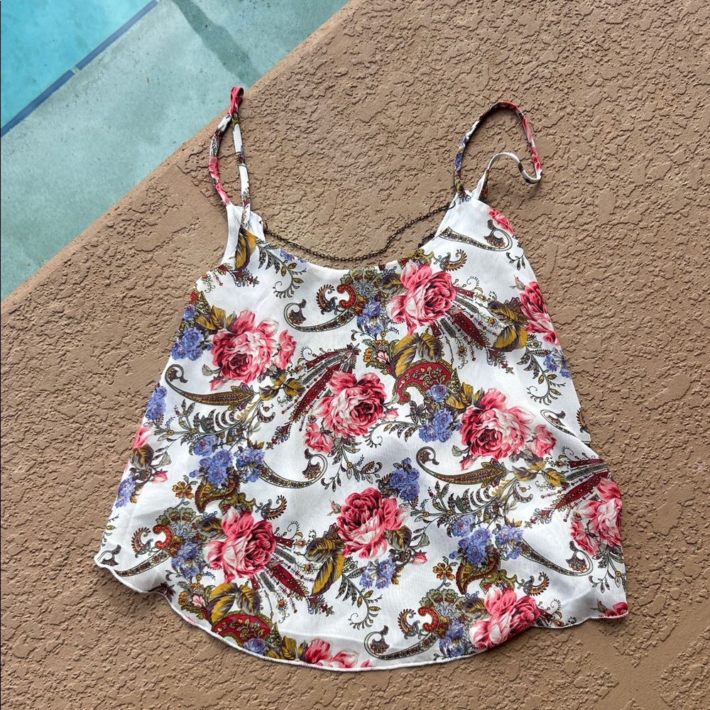 Floral Print Spaghetti Strap Cami Tank - White with Pink Roses